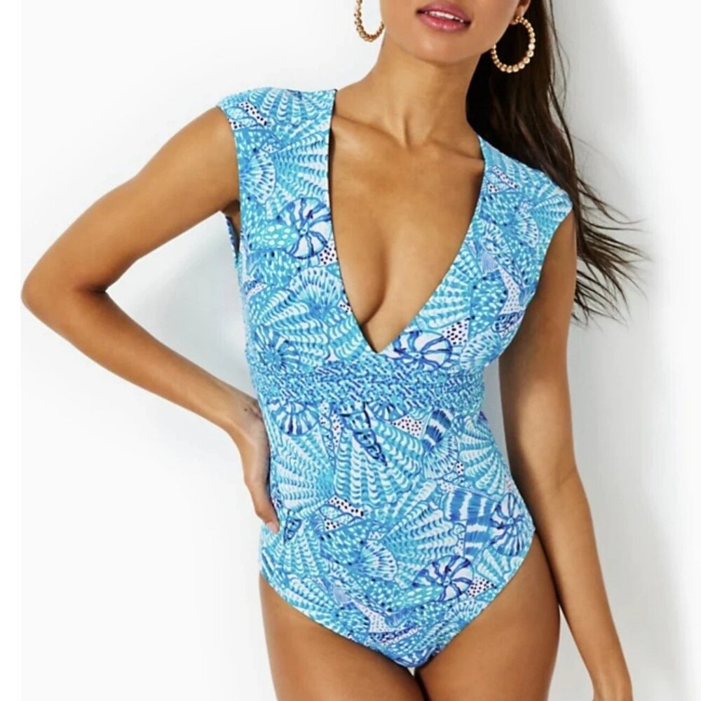Lilly Pulitzer Imogen Amalfi Blue By The Seashore One Piece Swimsuit sz 10